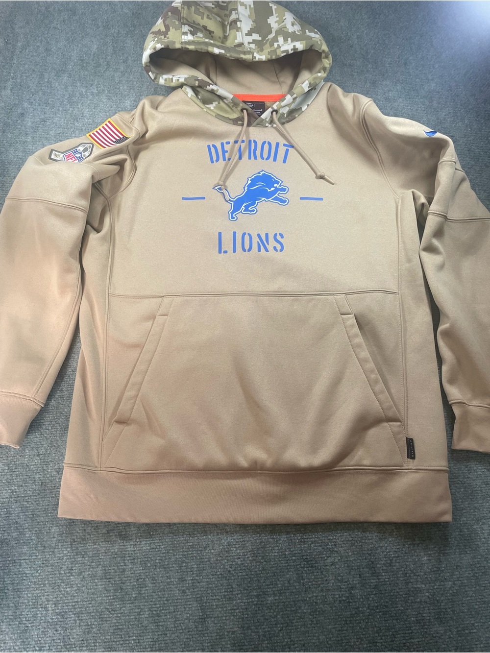 NFL Detroit Tan Camo Dri-FIT Hooded Pullover Salute to Service On Field Apparel
